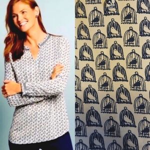 Talbots Bird Cage Novelty Print Long Sleeve Blouse